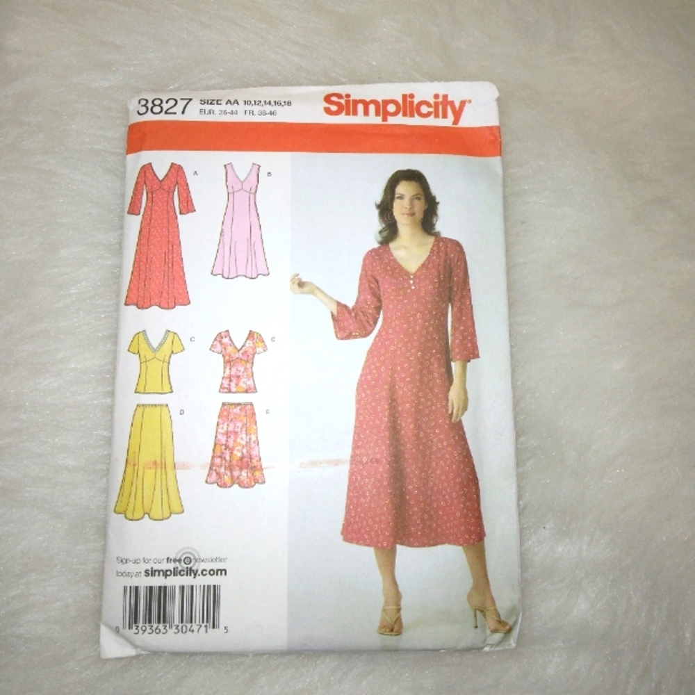 SIMPLICITY 3827 SZ 10-18 Misses dress skirt and top w length & sleeve variations